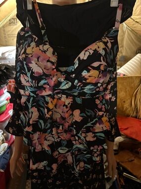 Black Floral Tankini with Pastel Blooms & Black Shorts